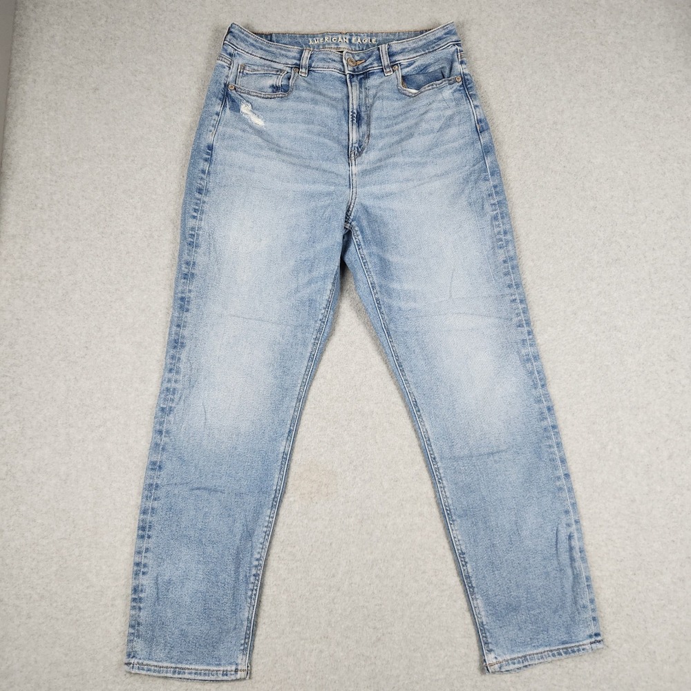 American Eagle Outfitters Mom Jeans Womens 10 Blue High Rise Stretch Distressed